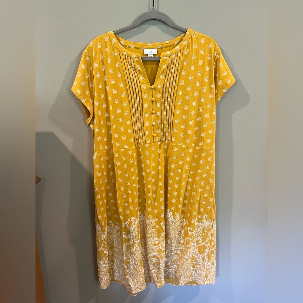 J. Jill Mustard Yellow Printed Button-Front Midi Dress